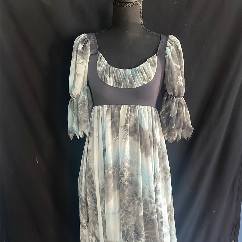 Gray Ruffled Tiered Sundress with Bishop Sleeves